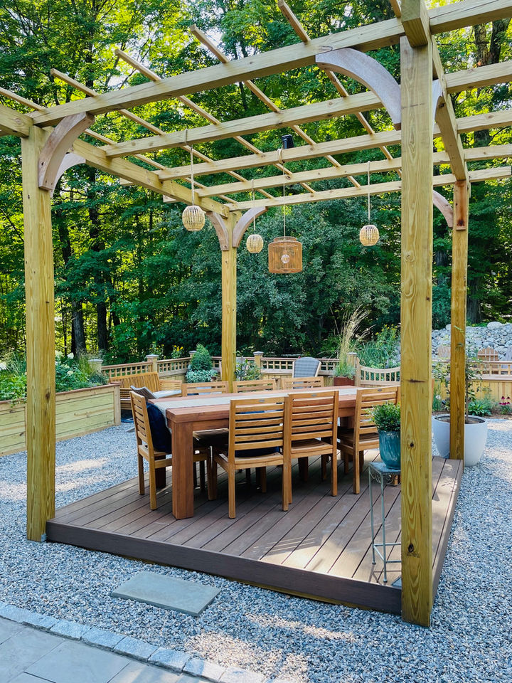 Custom timber frame pergola with PVC platform-Lake George NY. Landscape construction. Landscape designing, garden design by CountryTurf Experience Inc.