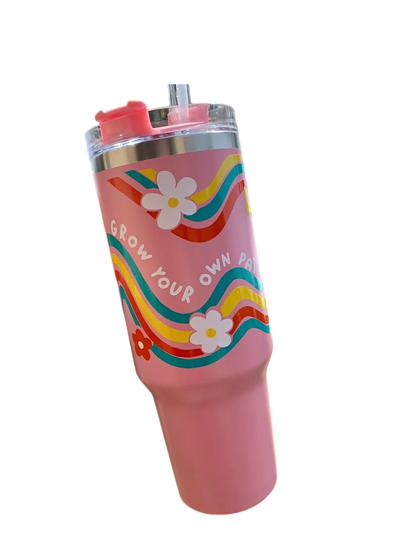 Custom 40 oz tumbler with wavy rainbow floral design.png