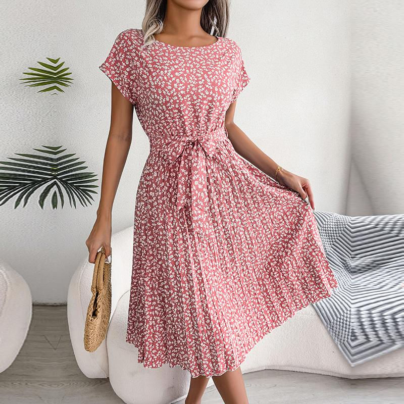 Thumbnail: Women Spring Summer Short Sleeve High Waist Chic Dress Fashion Floral Pleated A 