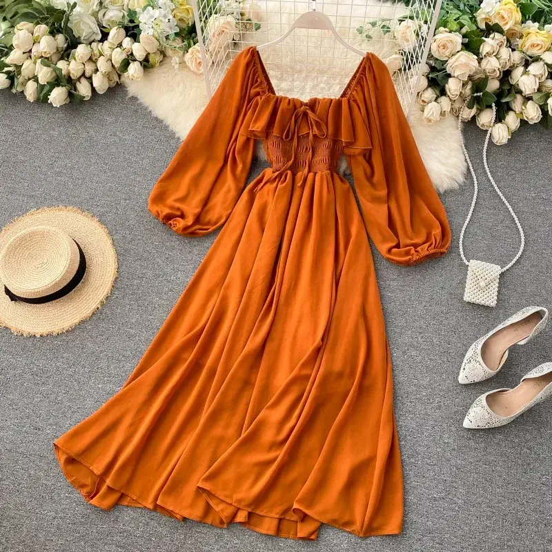 Thumbnail: Chic Elegant Square Collar Maxi Dress Women Solid Chiffon Puff Sleeve Dresses 20