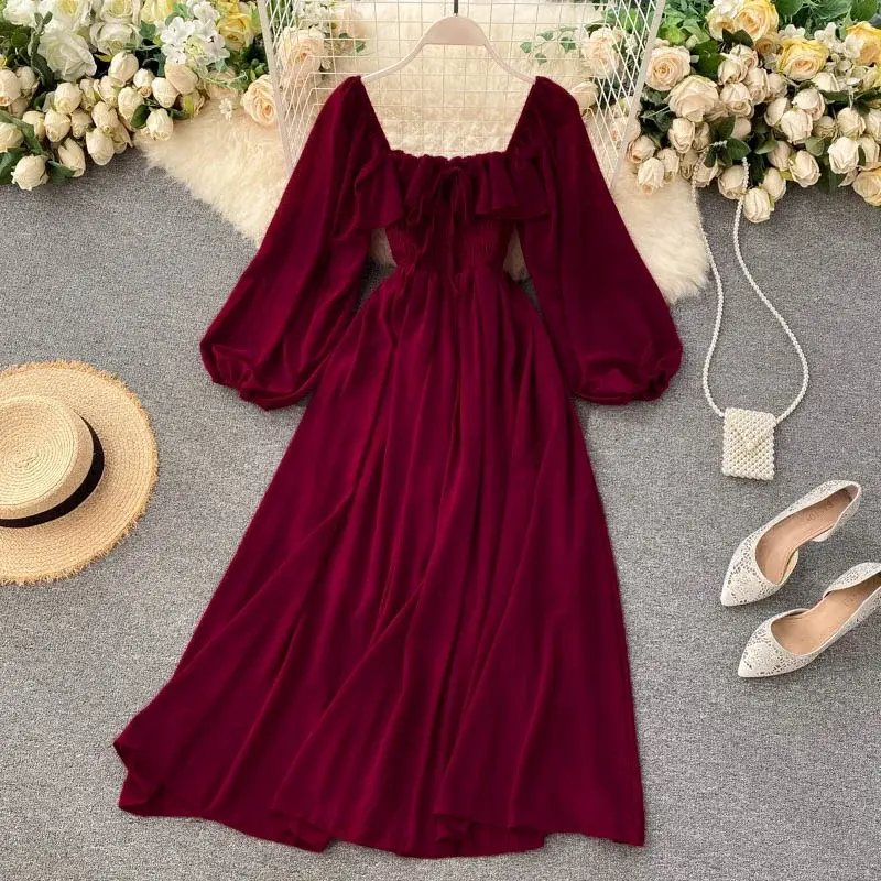 Thumbnail: Chic Elegant Square Collar Maxi Dress Women Solid Chiffon Puff Sleeve Dresses 20