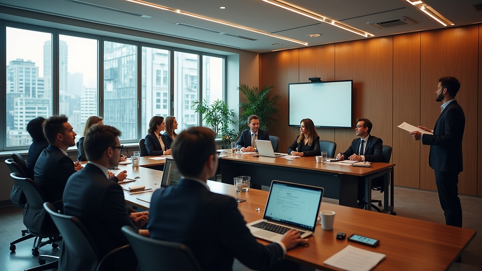 High angle view of a conference room with employees attending a business English training