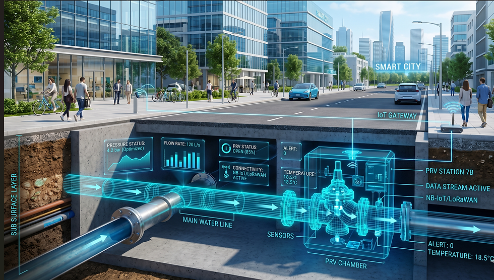 Digital twin visualization of underground water infrastructure with holographic data overlays and smart city connectivity icons.
