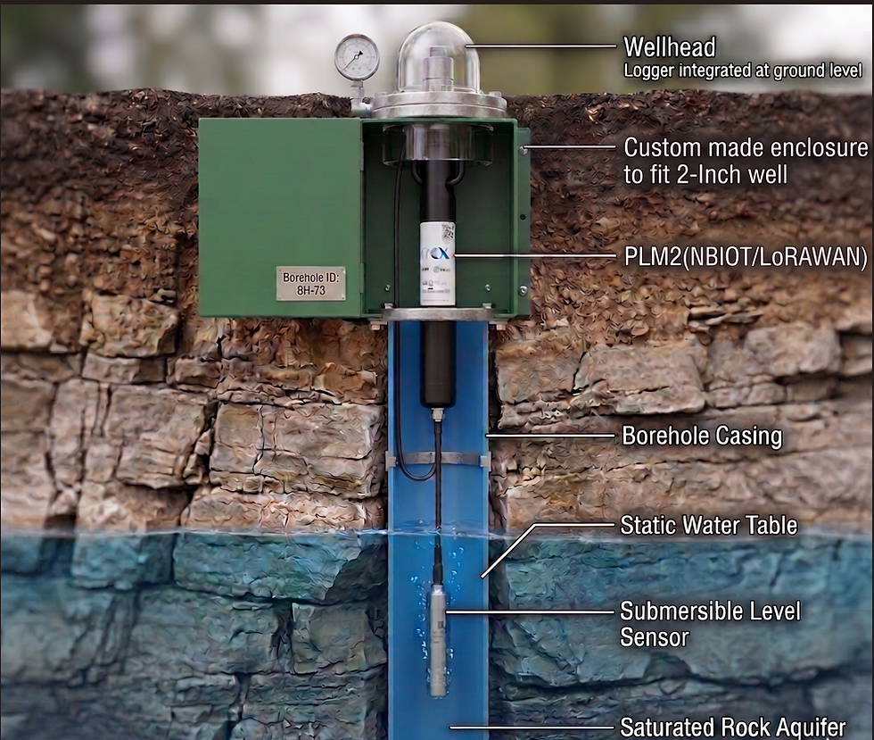 Borehole cross-section showing wellhead, narrow enclosure, and wireless submersible level sensor operates based on lorawan or nb iot communication technologies.