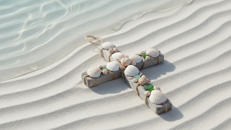 Close-up view of driftwood cross decorated with seashells on a sandy surface