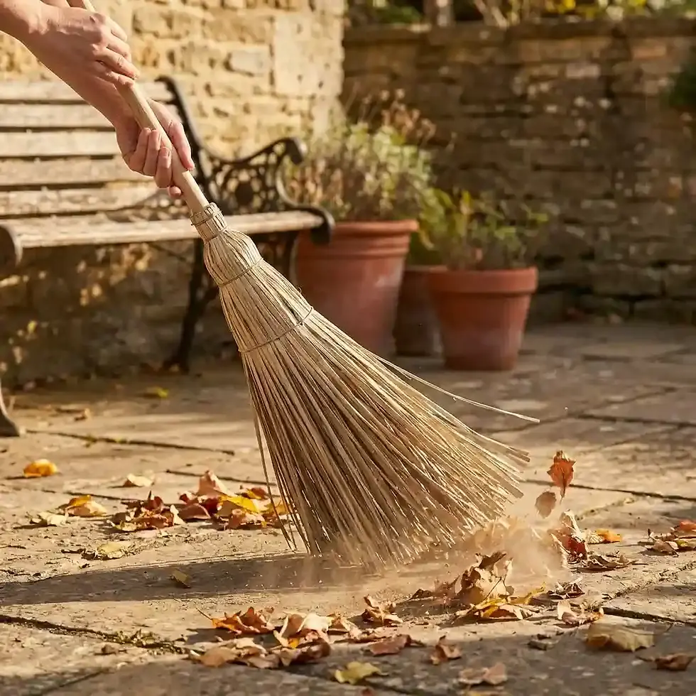 grass broom handmade with wooden handle for sweeping and household cleaning