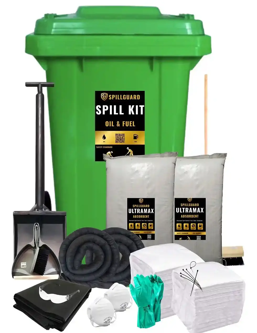 Full Spillguard 360L spill kit components spread on floor