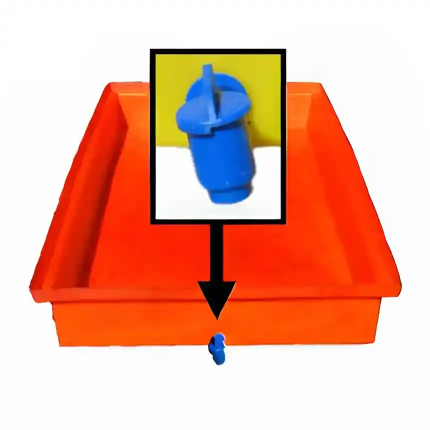 Thumbnail: Orange heavy-duty drip tray with integrated tap – perfect for managing chemical or oil leaks safely and efficiently.