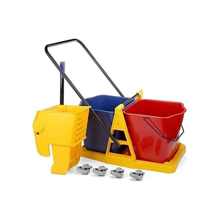 Heavy-duty mopping trolley with dual wringer buckets for easy water separation.