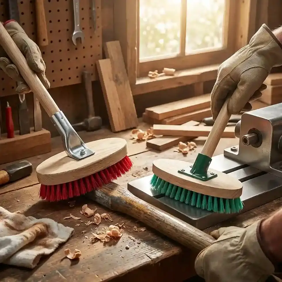 wooden handle shiner brush with plastic and metal fittings for industrial cleaning and surface maintenance