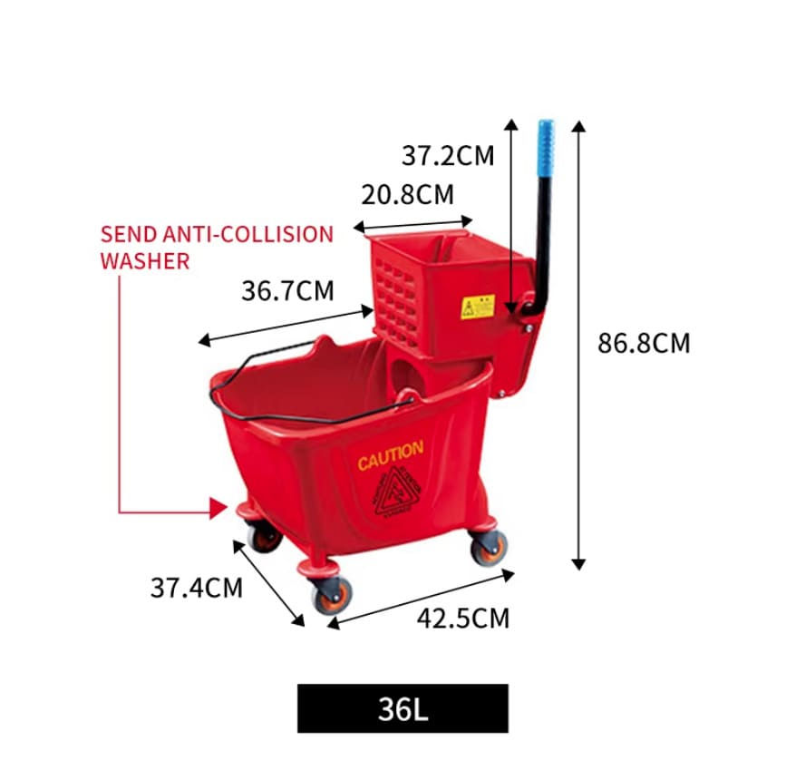 Heavy-duty 36L wringer bucket trolley for janitorial and industrial use.