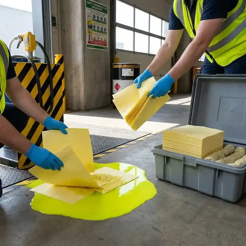 Thumbnail: yellow absorbent pads for safe chemical spill control and hazardous liquid containment