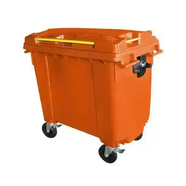 Thumbnail: 660L orange wheelie bin with four caster wheels