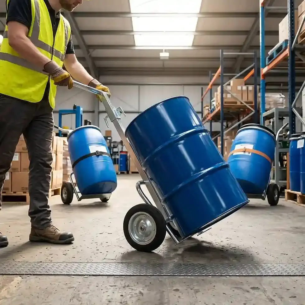 Thumbnail: industrial drum trolley for warehouse drum transport and material handling operations