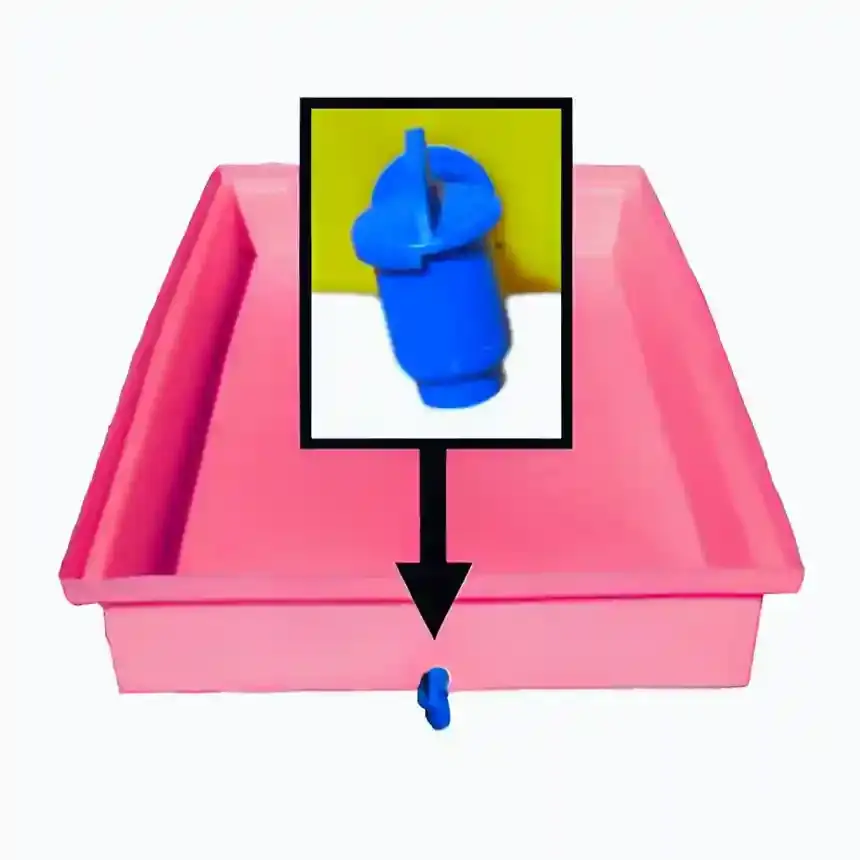 Pink spill control tray with tap – colorful and effective tray for safe liquid containment and disposal.