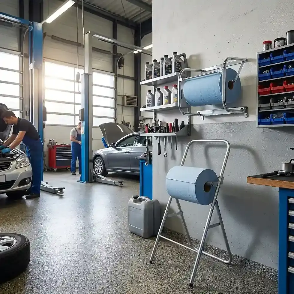 Thumbnail: heavy duty garage paper roll stand for industrial wiping and workshop cleaning applications