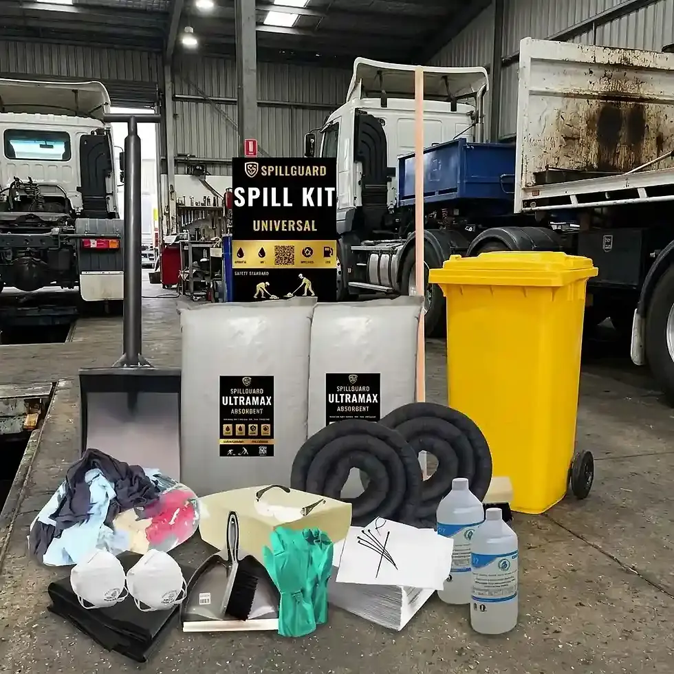 universal spill kit refill with 200 absorbent pads PPE and dual scatter for oil chemical spill cleanup