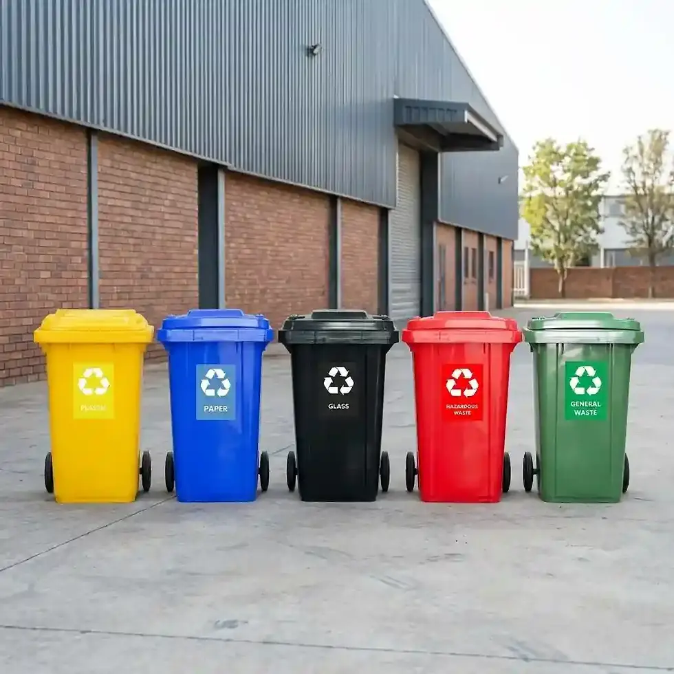 Thumbnail: 240L industrial recycling bin set with five colour-coded wheelie bins for warehouse waste management