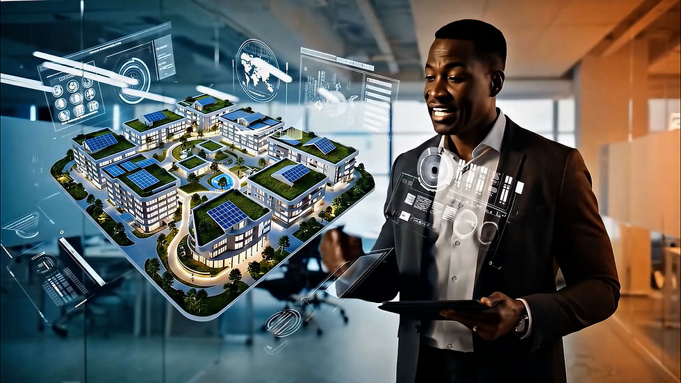 A man and a hologram of a housing estate.