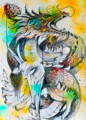 Dragon and a woman on a dancer pose where a magic ball comes out of her womb, meaning her power coming to life