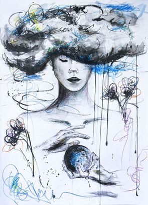 Expressive portrait with head on clouds
