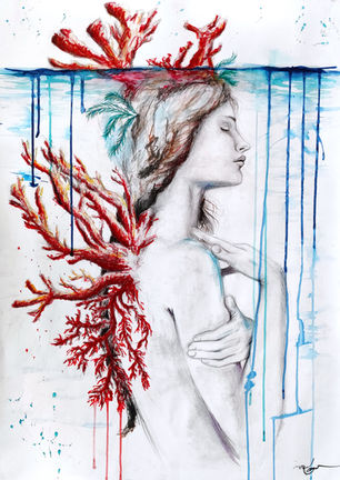 Mixed media portrait of a woman with corals growing on her back and head and coming out from the water surface