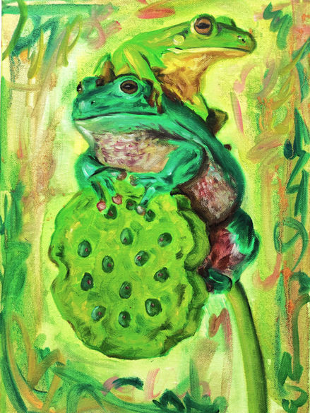 Frogs on a lotus steam