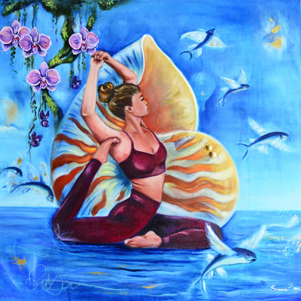 A delicate dancer poses with a giant seashell, looking toward the future, with flying fishes accompanying them and lush orchids in the background