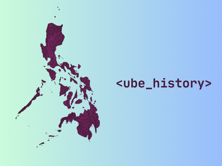 Purple map of the Philippines on a gradient green-blue background, featuring the text "<ube_history>" in bold characters.