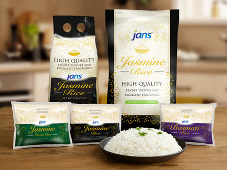 Assorted jans rice packages with vibrant labels on a wooden table in a kitchen. Highlighted text reads "Jasmine Rice, High Quality."