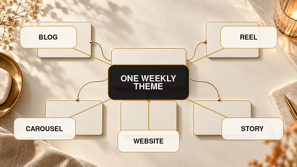 Minimal beige mind map showing ONE WEEKLY THEME linked to BLOG, REEL, CAROUSEL, WEBSITE, and STORY in gold accents.