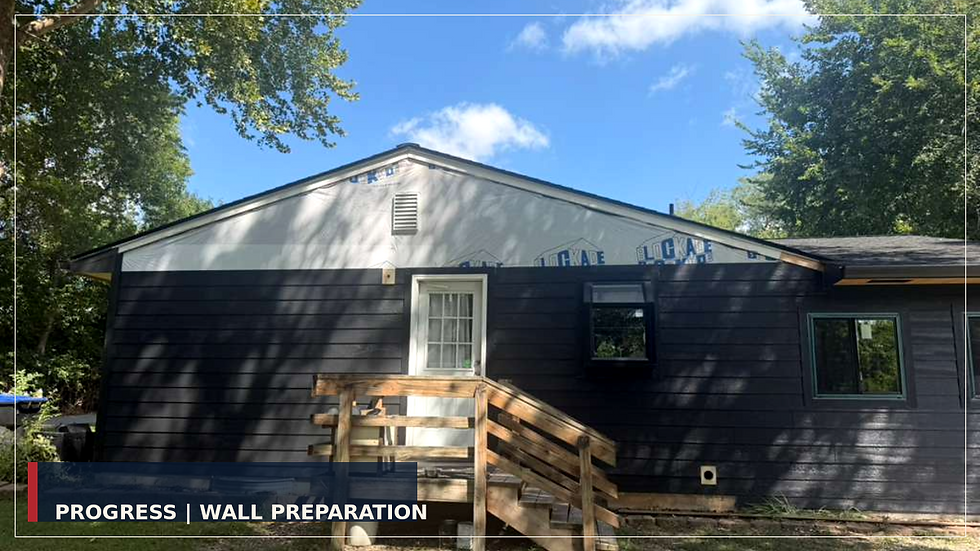 Dark gray house exterior under blue sky, with wooden steps and overlay text Progress | Wall Preparation