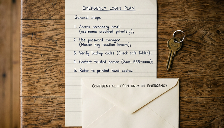 Overhead view of a handwritten emergency login plan beside a house key.