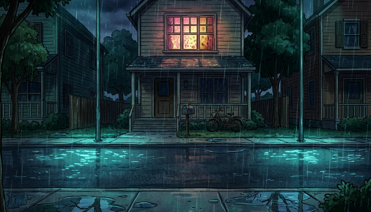 Eye-level view of a rainy suburban street with a glowing upstairs window.
