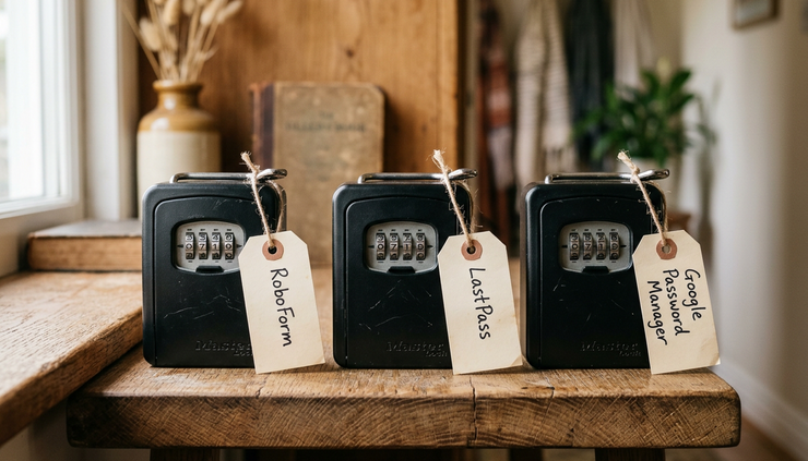 Close-up view of three metal key boxes on a wooden shelf.