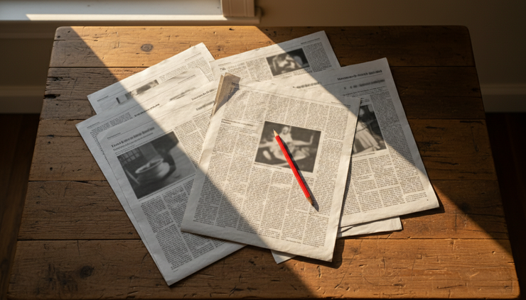 Overhead view of scattered printed headlines, a red pencil, and a kitchen table