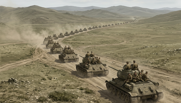 High-angle view of a Soviet tank column moving across a dusty Manchurian road in late summer