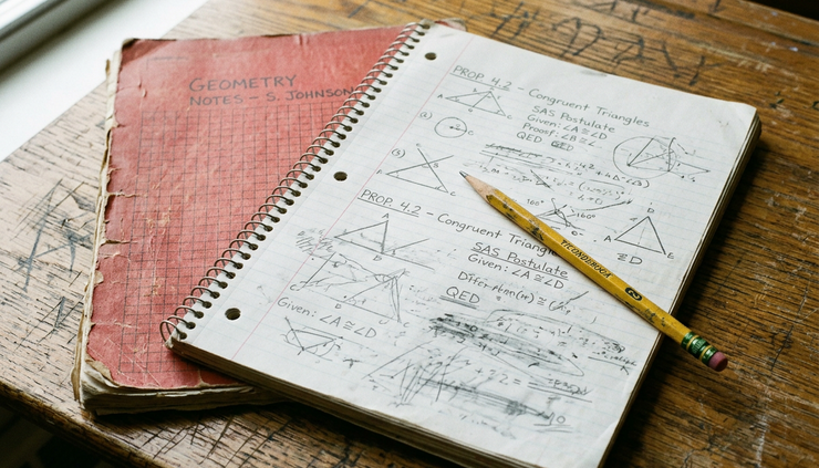 Close-up view of a geometry notebook with pencil marks and erased answers.