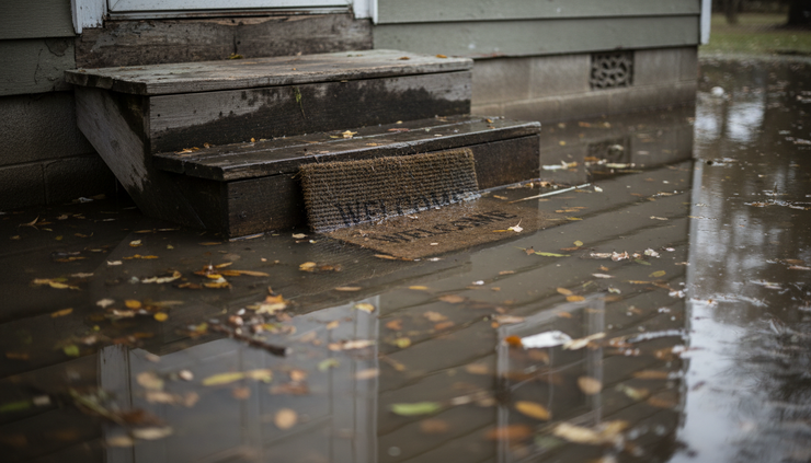 Close-up view of floodwater touching the steps of a small home after a hurricane