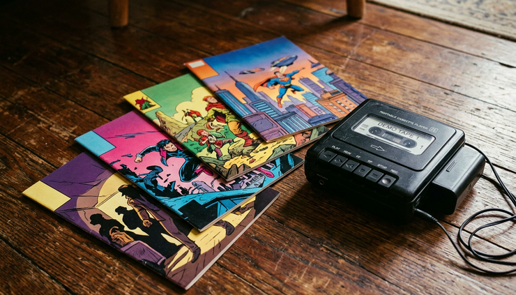 Close-up view of scattered comic books beside an old cassette player.