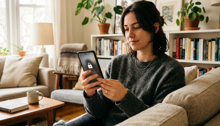 Eye-level view of a person holding a smartphone with a home screen lock visible.