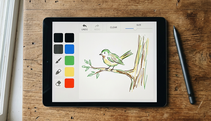 Overhead view of a tablet showing large corner and edge controls during a drawing task