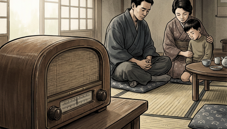 Close-up view of an old radio in a modest Japanese home with people listening quietly nearby