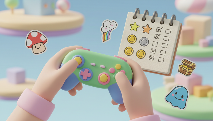 Close-up of hands using a game controller beside a notebook with simple reward goals written down