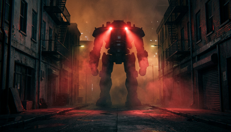 Low-angle view of a towering metal robot silhouette near a city street.