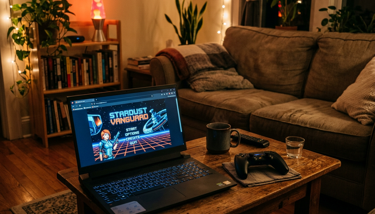 Wide-angle view of a living room gaming setup with a laptop showing an unbranded sci-fi shooter in a browser.