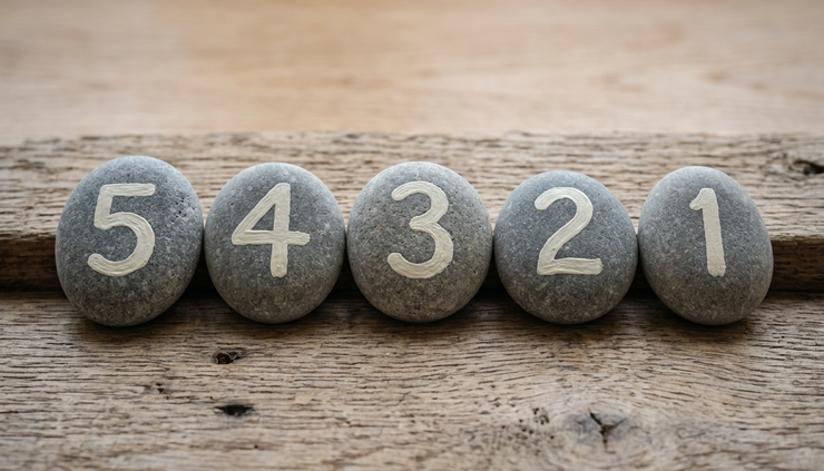 Close-up of numbered stones in a line counting down from five to one