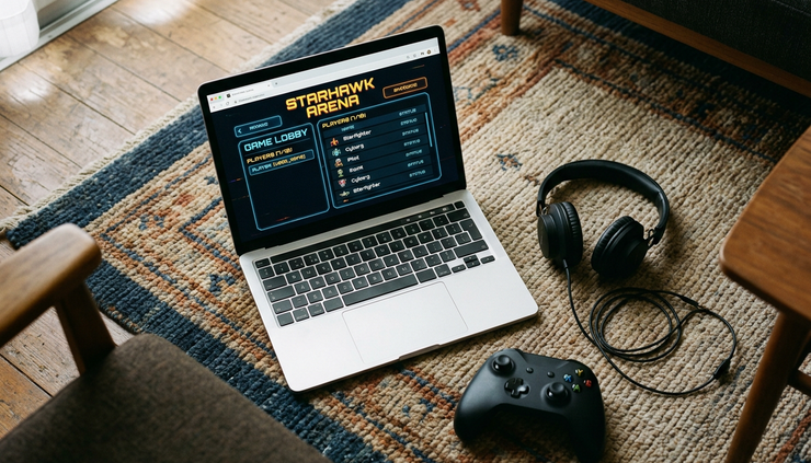 Overhead view of a game controller, headphones, and a glowing laptop on a living room rug.