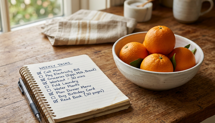 Close-up of a handwritten checklist beside a bowl of oranges on a wooden counter.