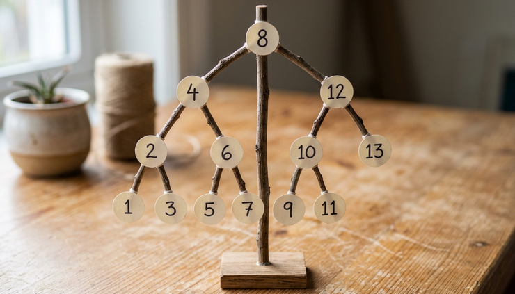 Eye-level view of a small branching model made from twigs and labeled paper nodes